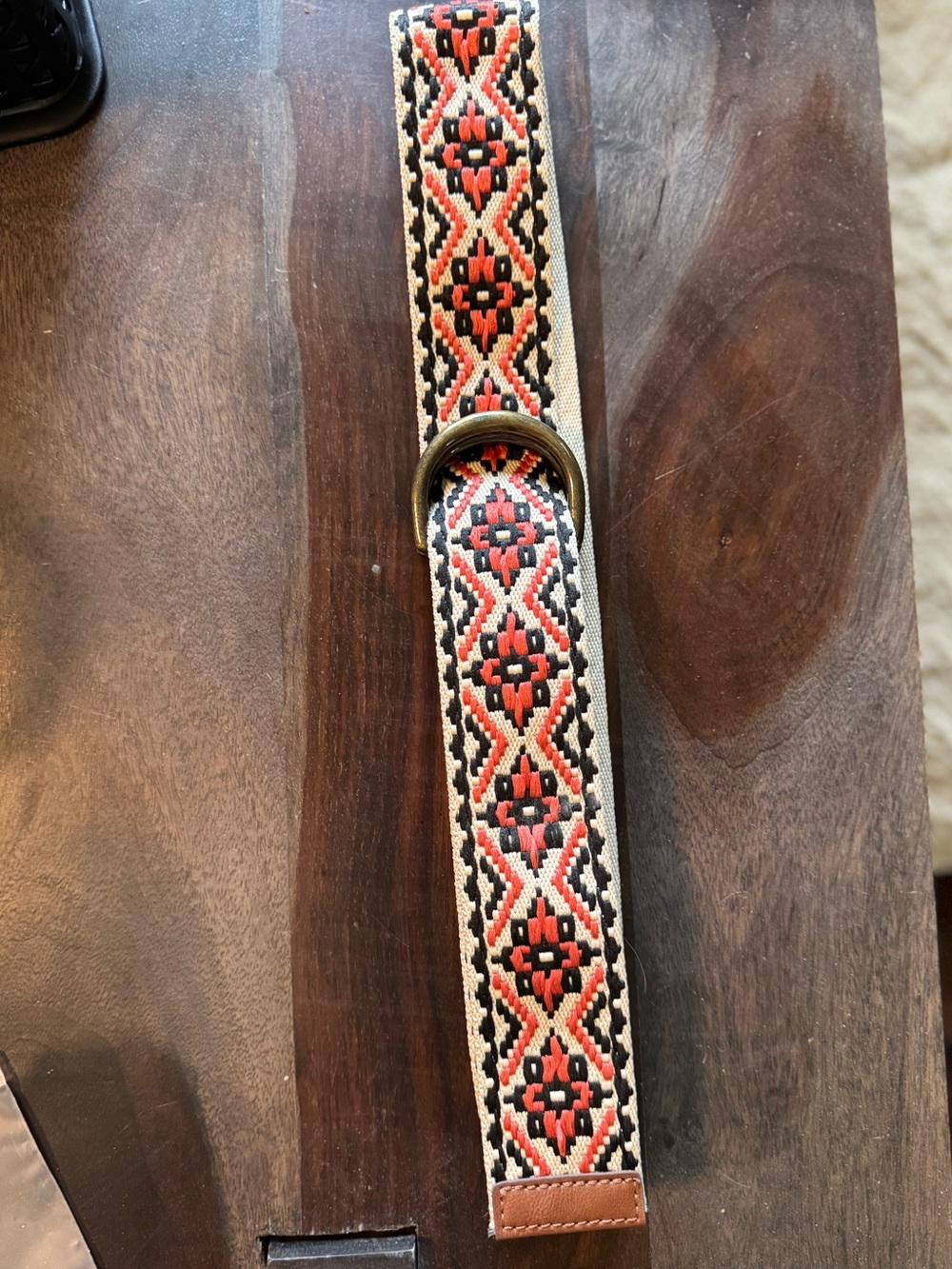 Embroidered Boho Webbing Belt in Coral, Black & Cream